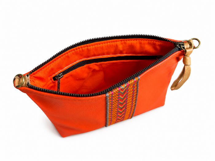Medium Orange Leather Pouch with Multicolour Woven Centre Stripe