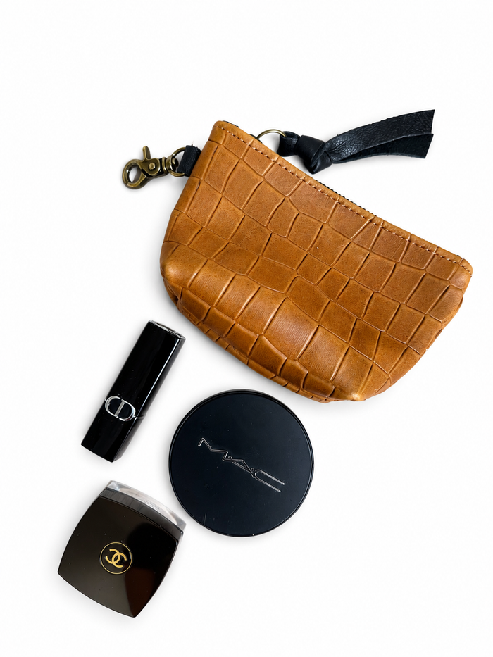 Mini Caramel Croc Leather Pouch