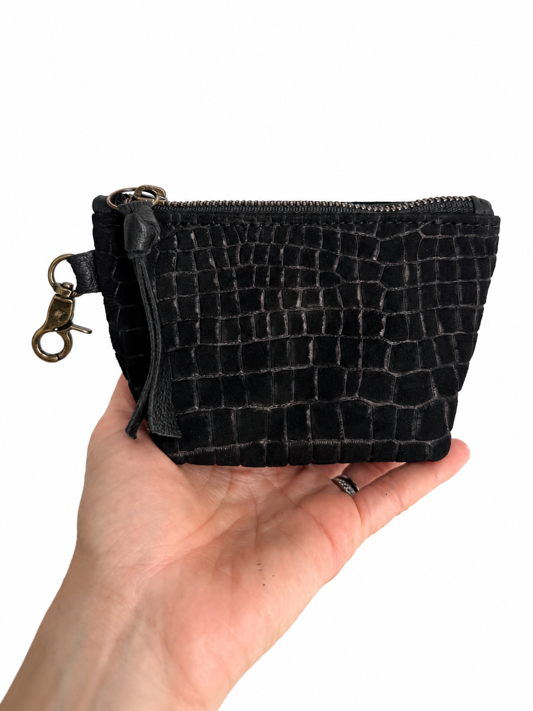 Mini Black Croc-Embossed Nubuck Leather Pouch