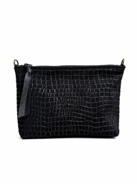 Medium Black Croc-Embossed Nubuck Leather Pouch