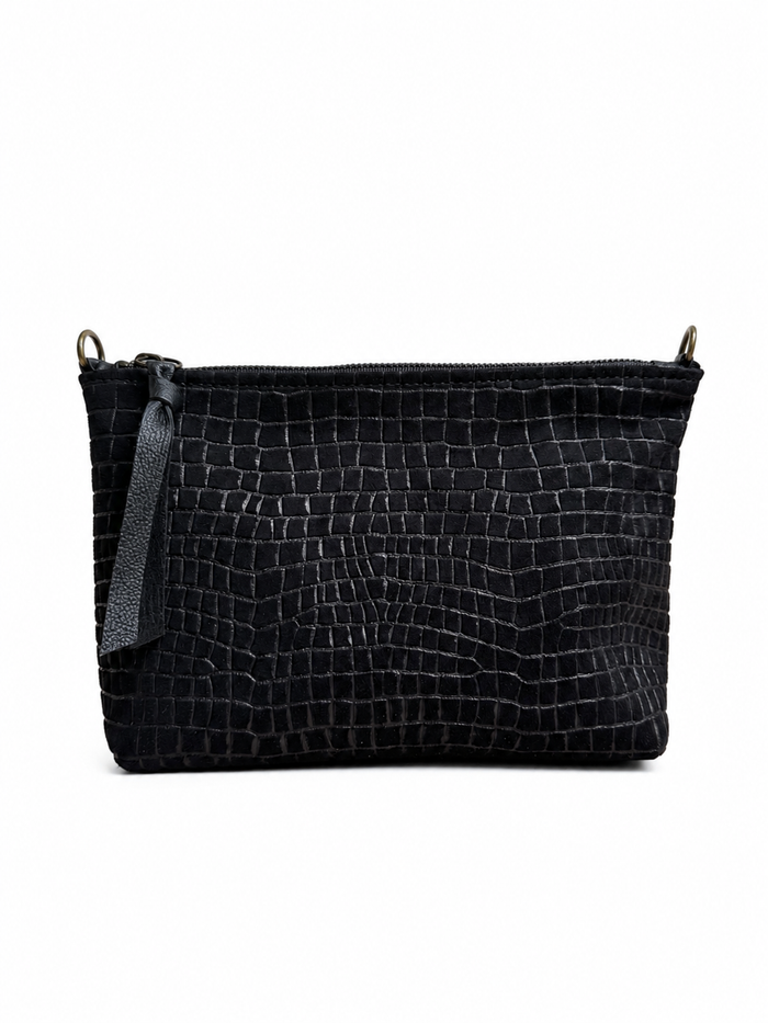 Medium Black Croc-Embossed Nubuck Leather Pouch