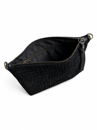 Medium Black Croc-Embossed Nubuck Leather Pouch