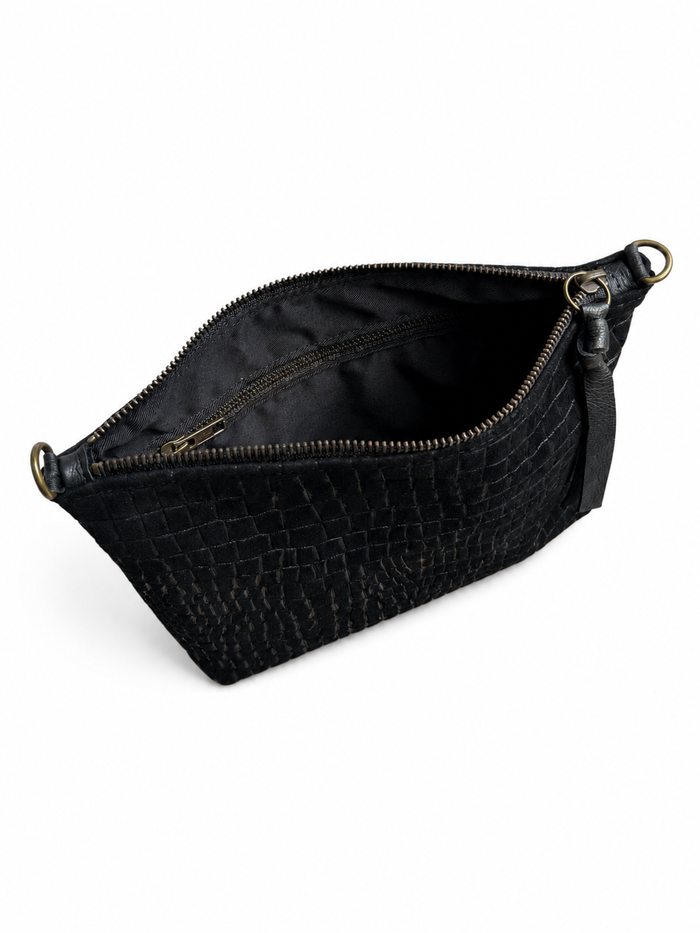 Medium Black Croc-Embossed Nubuck Leather Pouch
