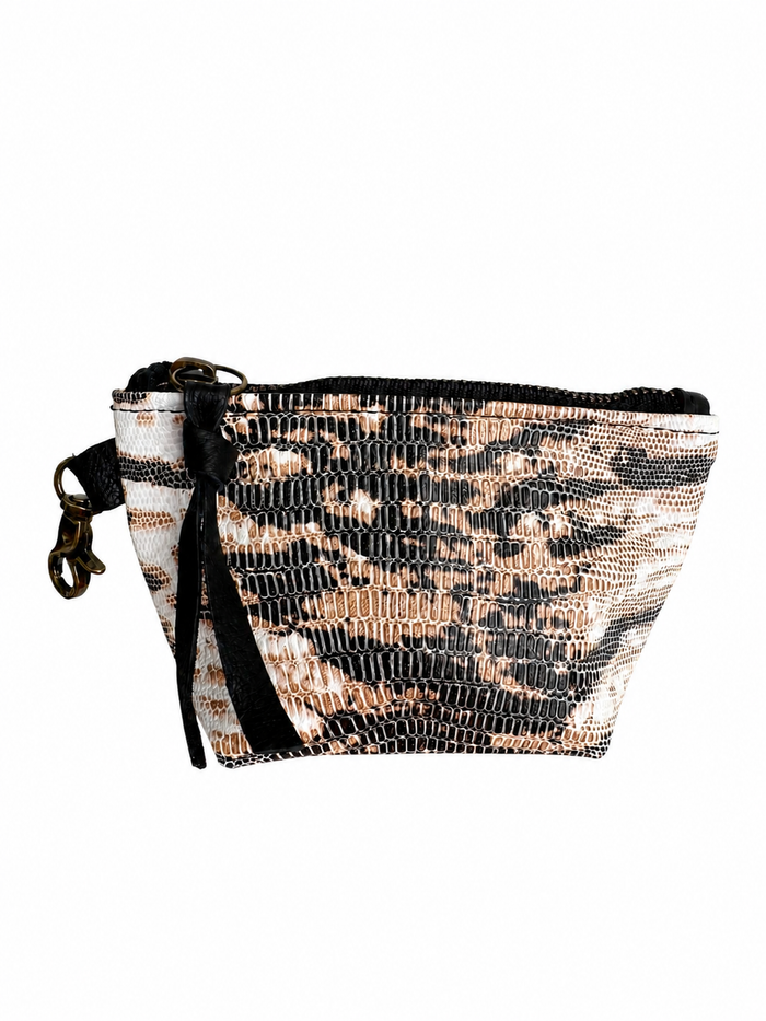 Mini Beige and White Lizard Print Leather Pouch