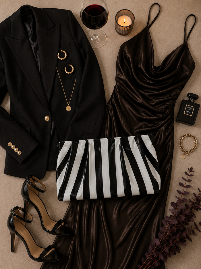 Black and White Striped Gathered Leather Clutch