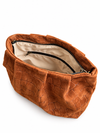 Cognac Croc Embossed Suede Gathered Clutch