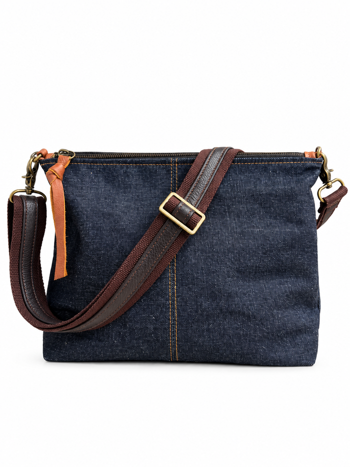 1.5" Dark Brown Canvas and Dark Brown Leather Stripe Crossbody Strap