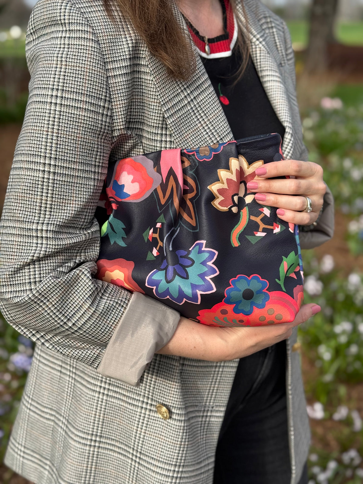 Navy Floral Print Leather Gathered Clutch