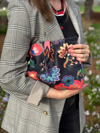 Navy Floral Print Leather Gathered Clutch