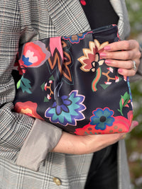 Navy Floral Print Leather Gathered Clutch