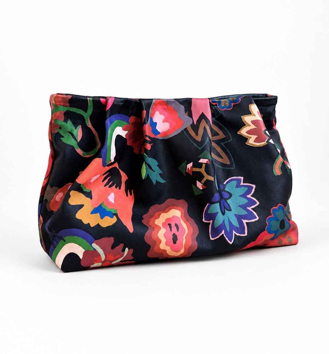 Navy Floral Print Leather Gathered Clutch