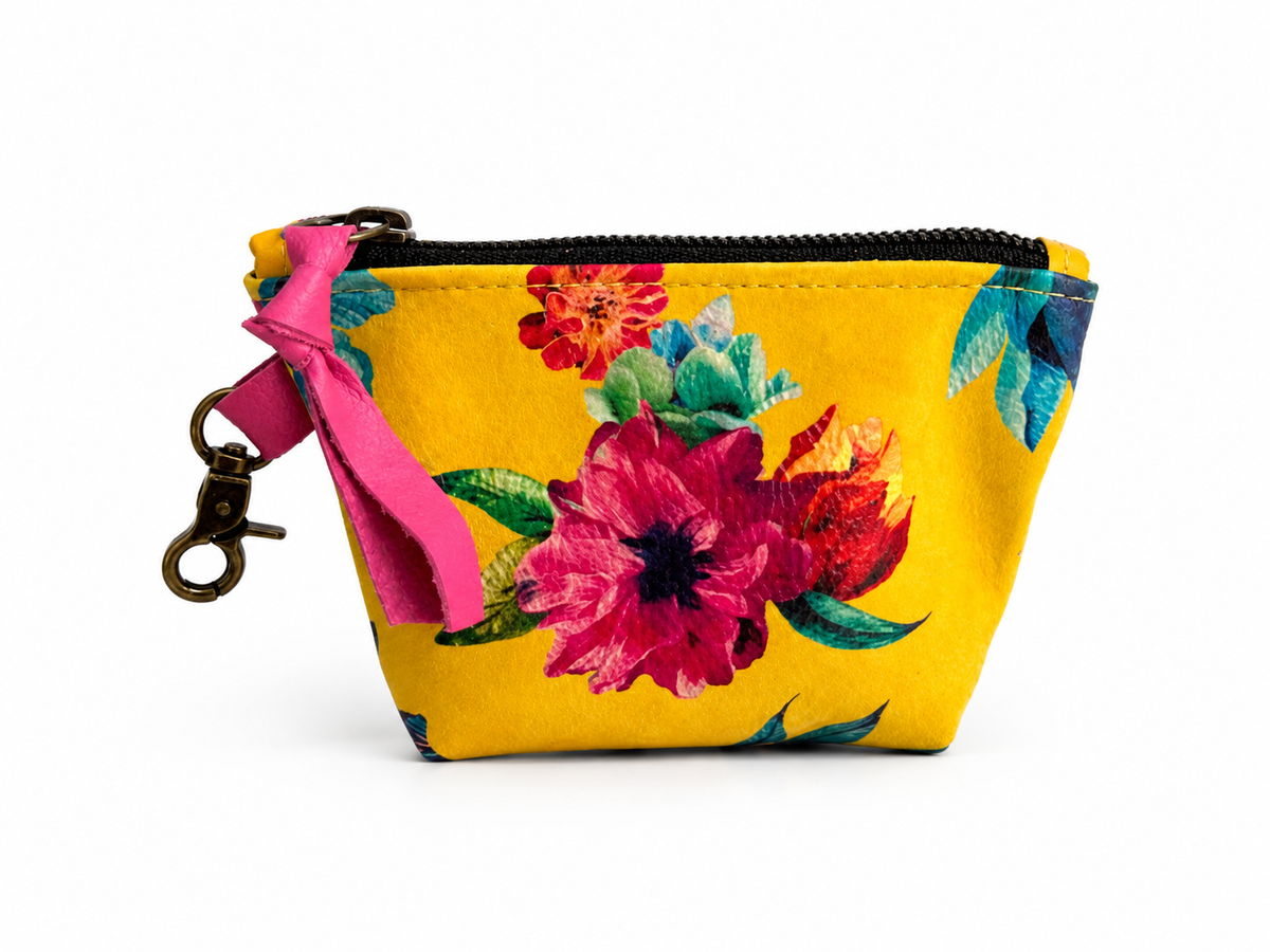 Floral Print Yellow Suede Mini Pouch