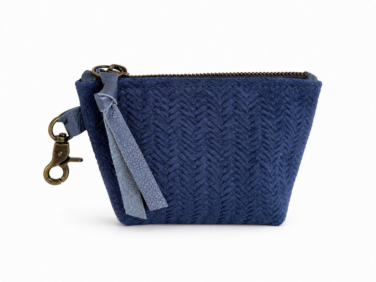 Navy Suede Herringbone Pattern Leather Mini Pouch