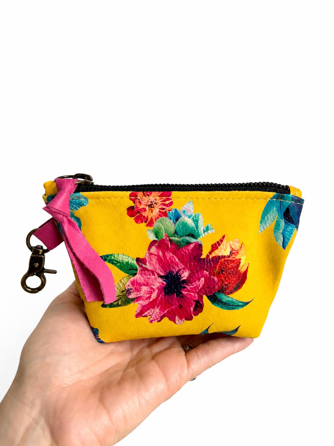Floral Print Yellow Suede Mini Pouch
