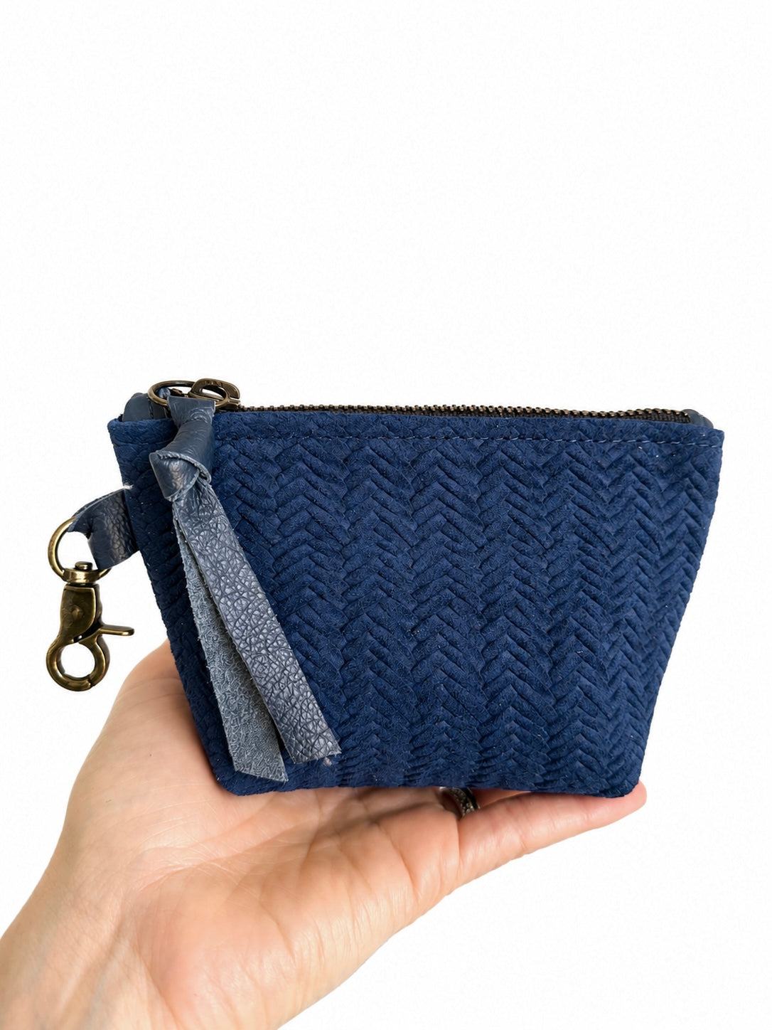 Navy Suede Herringbone Pattern Leather Mini Pouch