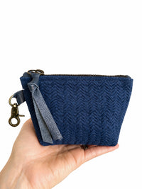 Navy Suede Herringbone Pattern Leather Mini Pouch