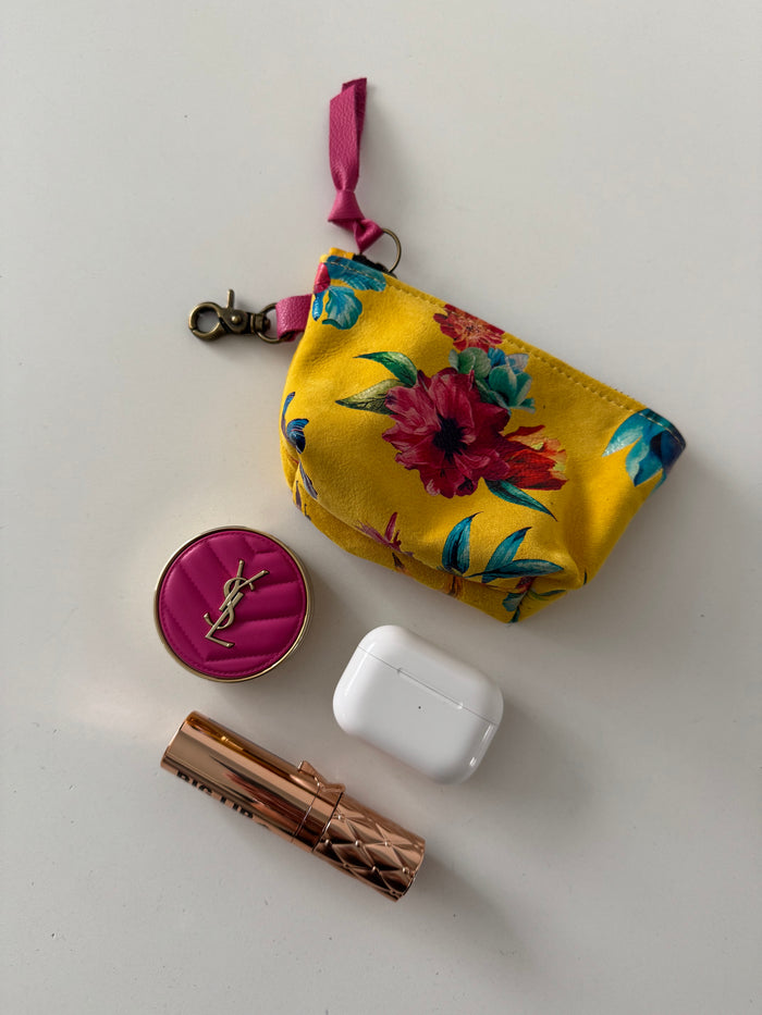 Floral Print Yellow Suede Mini Pouch