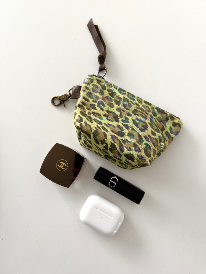 Green Metallic Leopard Print Leather Mini Pouch