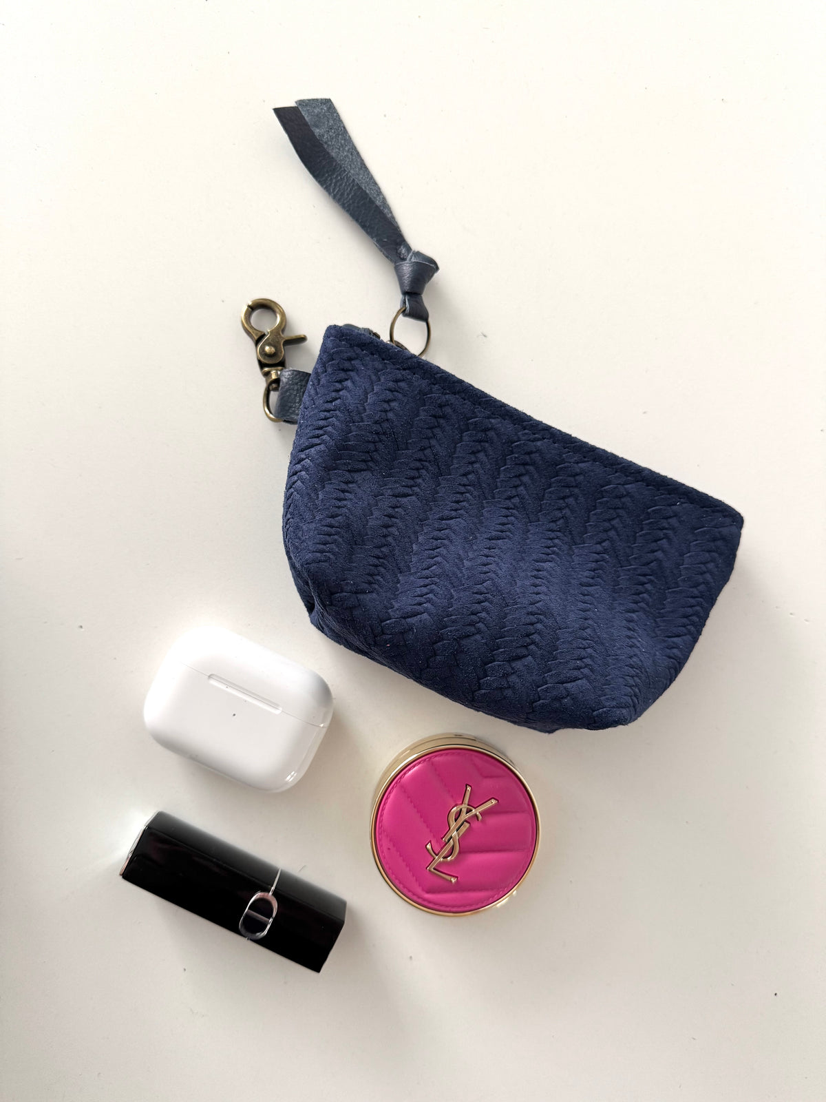 Navy Suede Herringbone Pattern Leather Mini Pouch