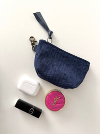 Navy Suede Herringbone Pattern Leather Mini Pouch