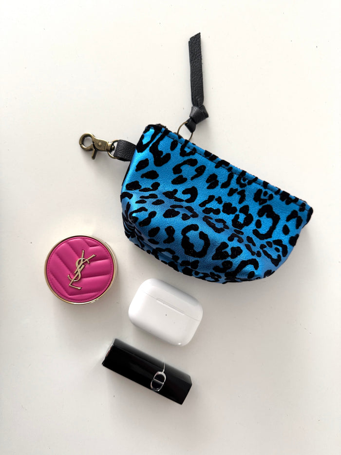 Electric Blue Metallic Leopard Print Leather Mini Pouch
