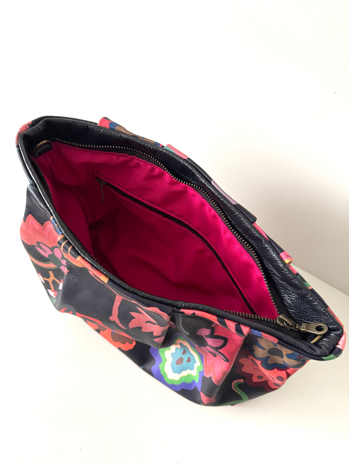 Navy Floral Print Leather Gathered Clutch