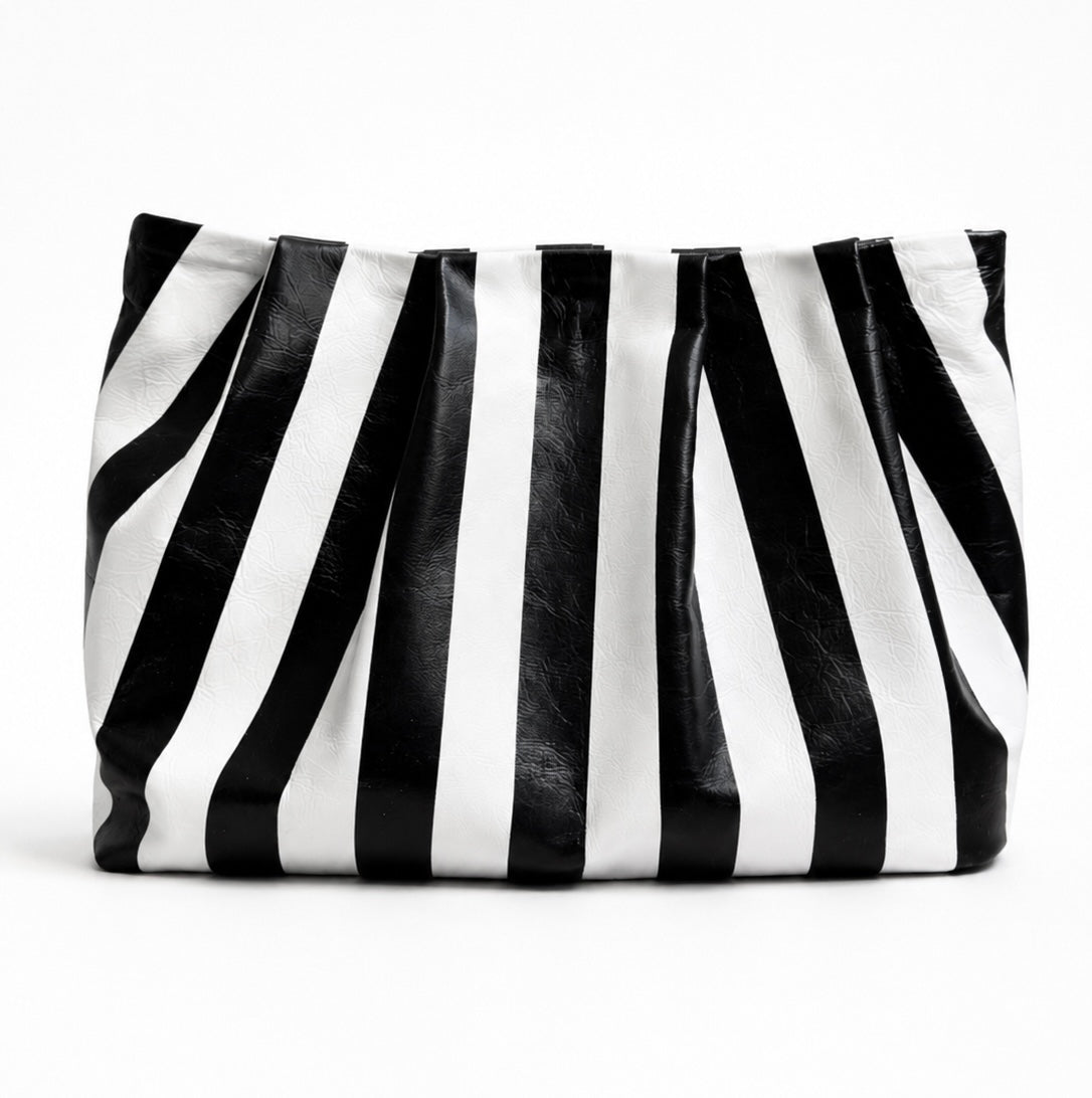 Black and White Striped Gathered Leather Clutch