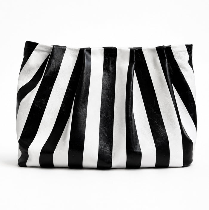 Black and White Striped Gathered Leather Clutch