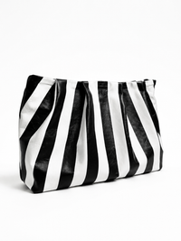 Black and White Striped Gathered Leather Clutch