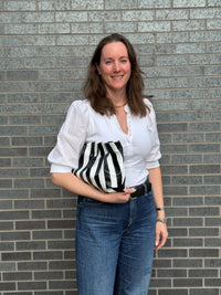 Black and White Striped Gathered Leather Clutch