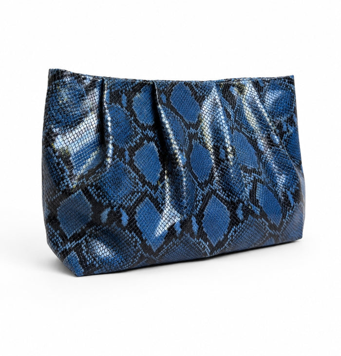 Large Blue Snake Print Gathered Clutch