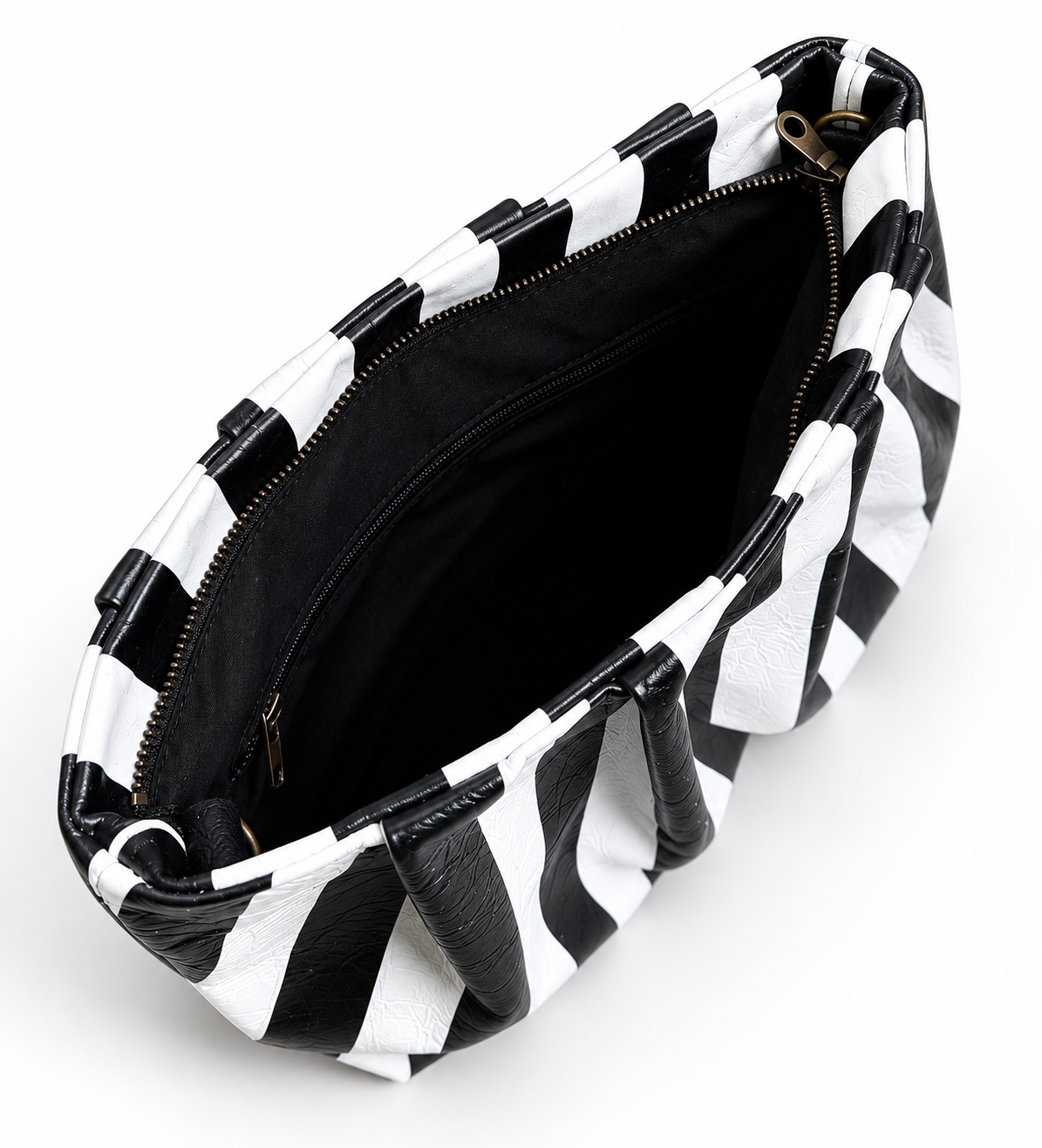 Black and White Striped Gathered Leather Clutch
