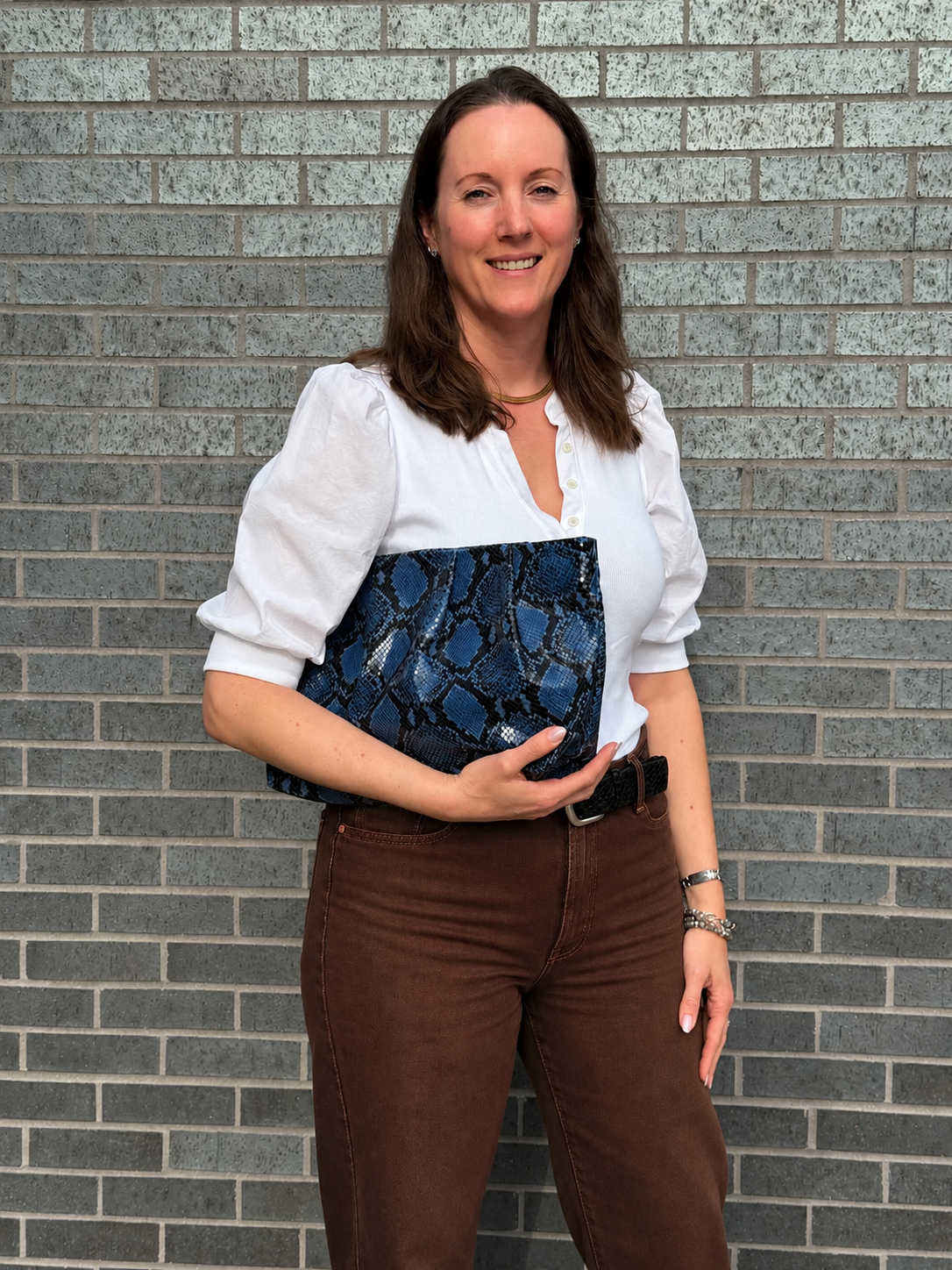 Large Blue Snake Print Gathered Clutch