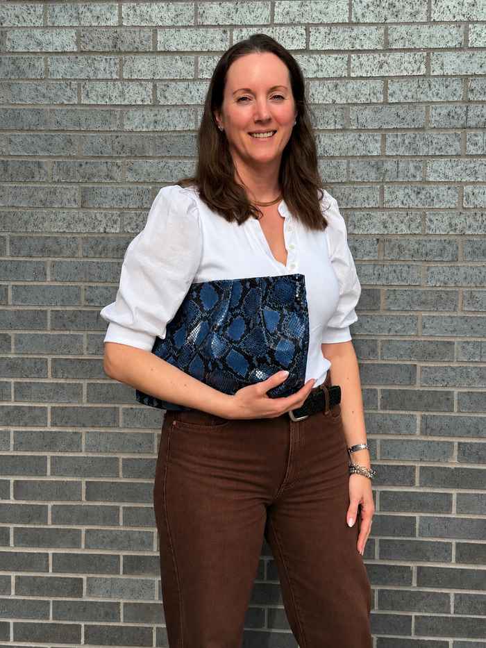 Large Blue Snake Print Gathered Clutch