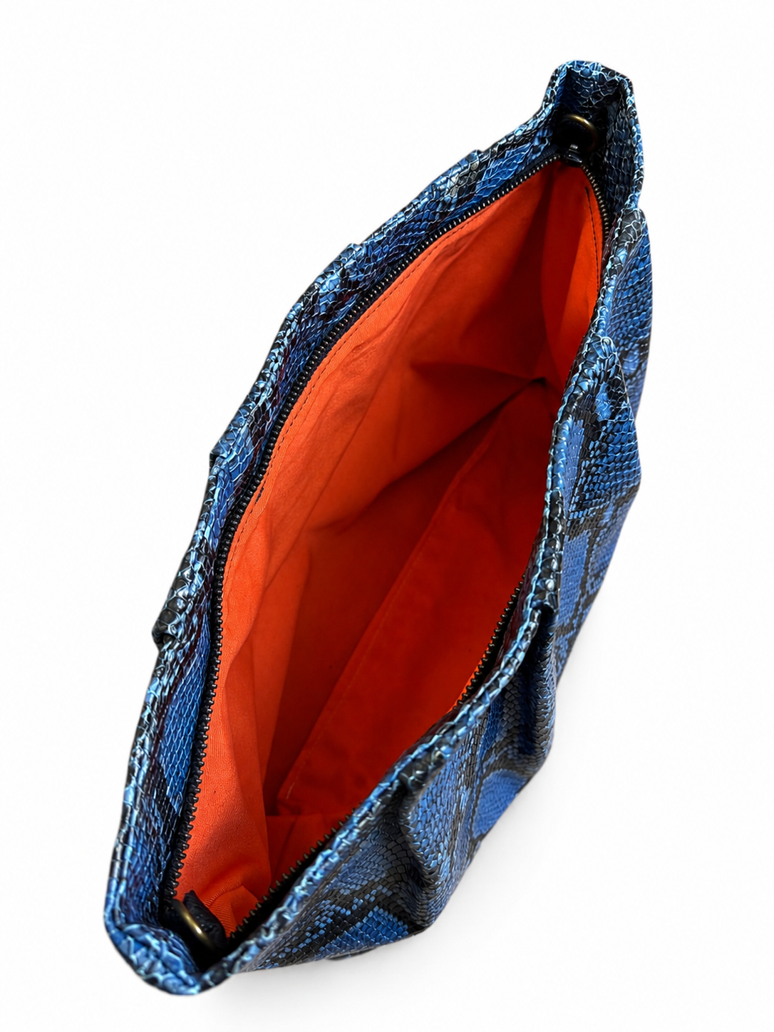 Large Blue Snake Print Gathered Clutch