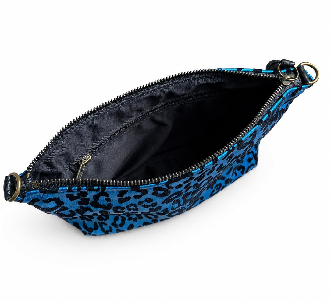 Electric Blue Metallic Leopard Print Leather Pouch