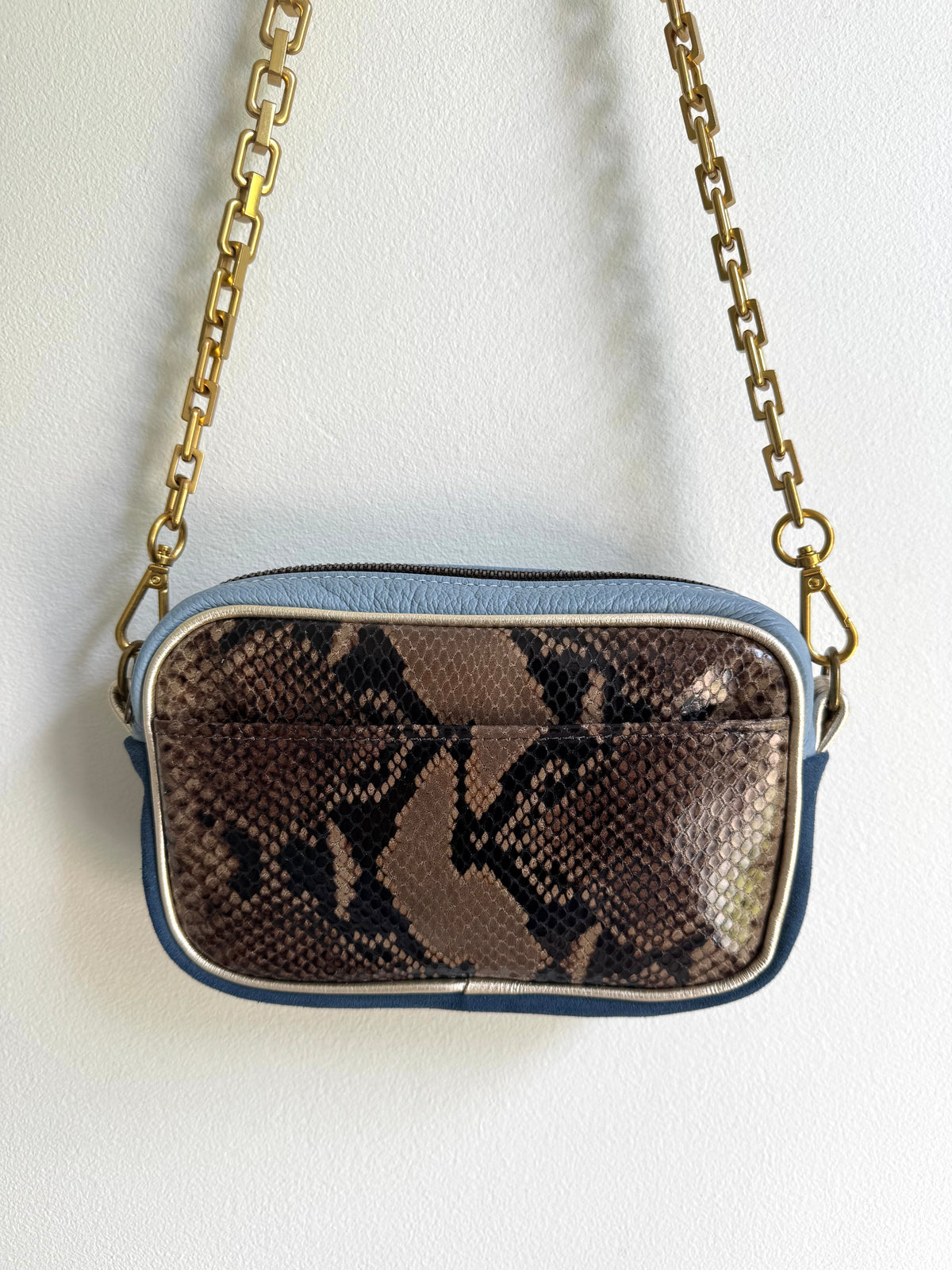 Taupe Snake Skin Print Leather Mini Camera Bag