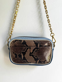 Taupe Snake Skin Print Leather Mini Camera Bag