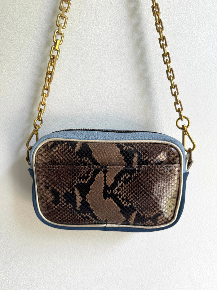 Taupe Snake Skin Print Leather Mini Camera Bag