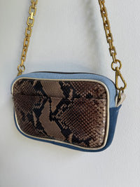 Taupe Snake Skin Print Leather Mini Camera Bag