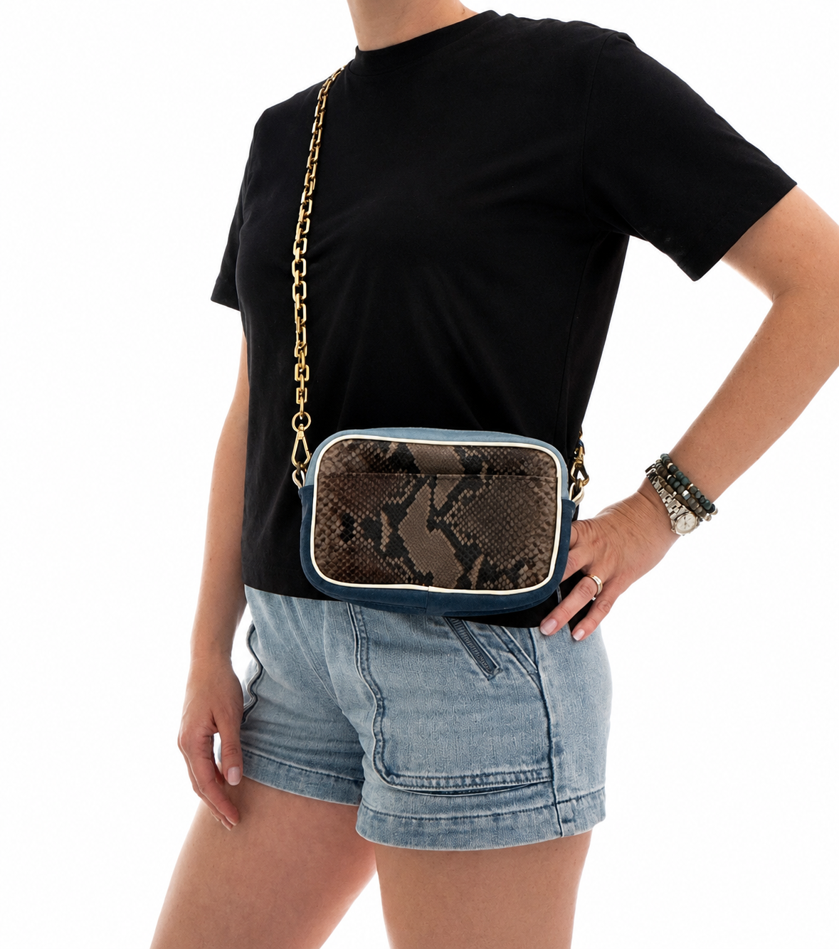 Taupe Snake Skin Print Leather Mini Camera Bag