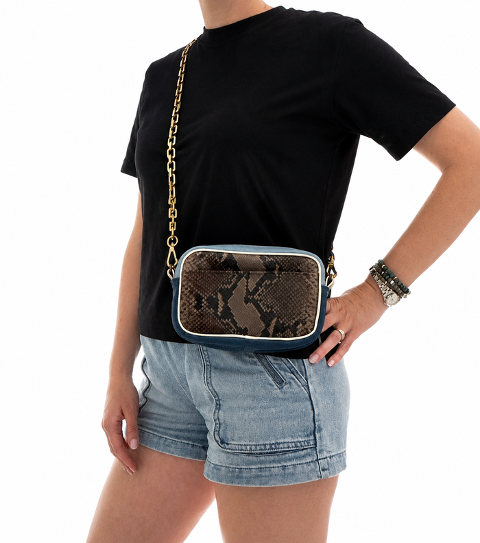 Taupe Snake Skin Print Leather Mini Camera Bag