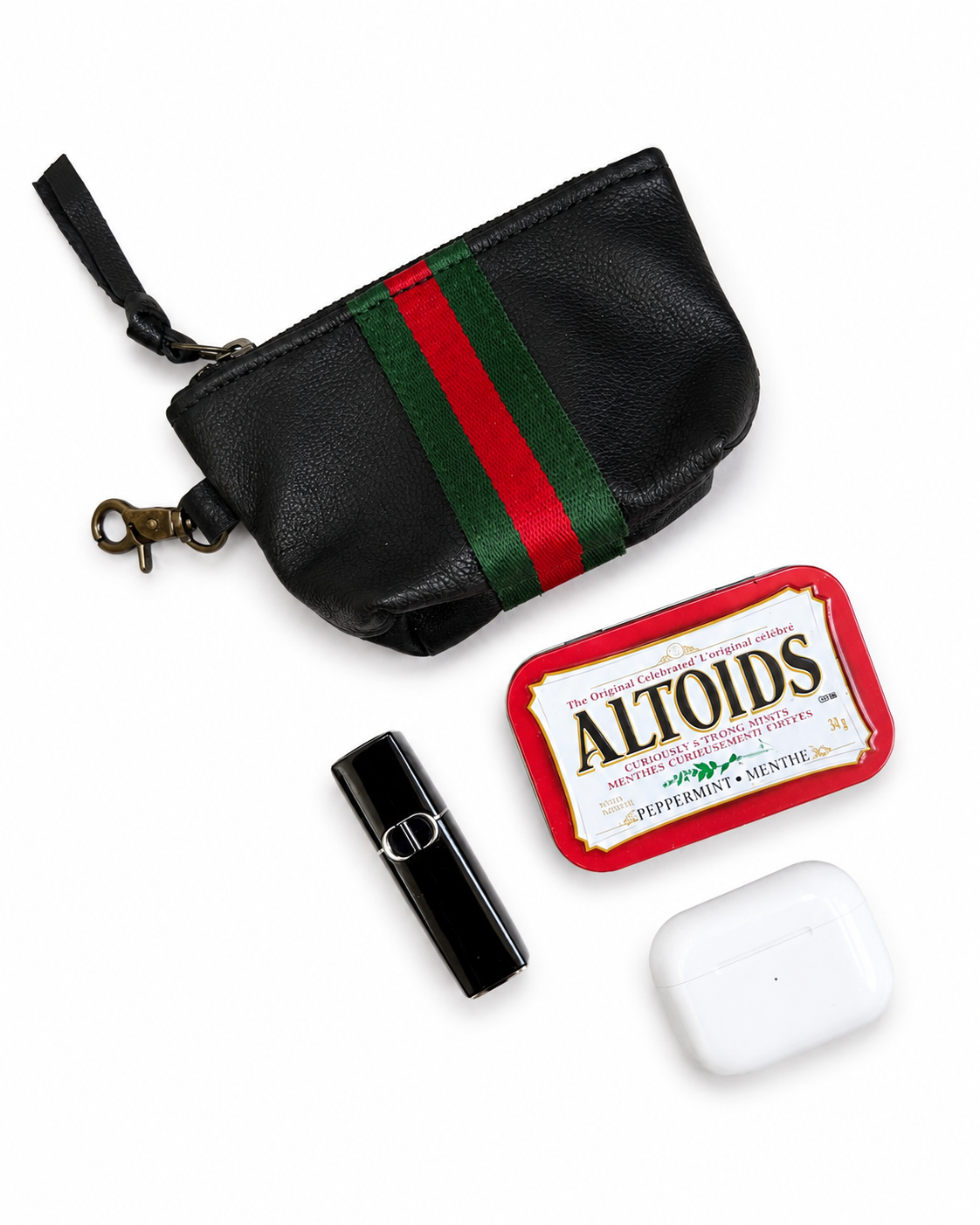 Black Leather and Red/Green Striped Mini Pouch