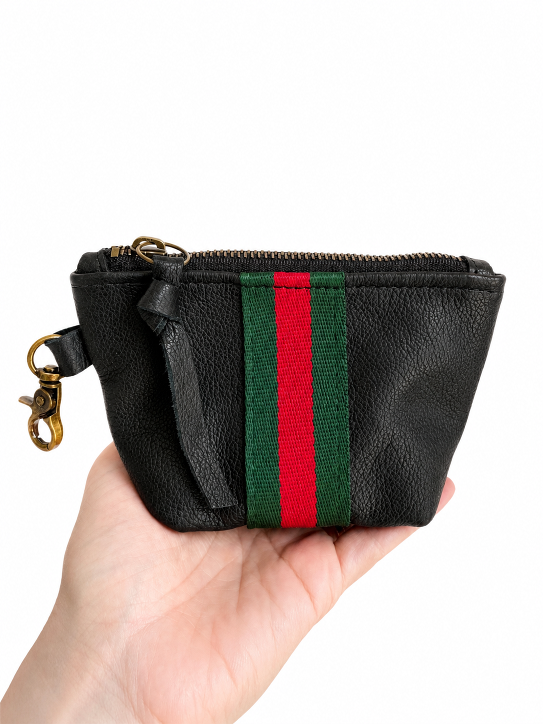 Black Leather and Red/Green Striped Mini Pouch